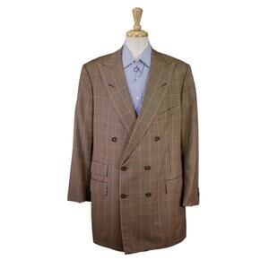 Edgar Pomeroy Bespoke Tan Black Red Check Wool Double Breasted Blazer 44XL